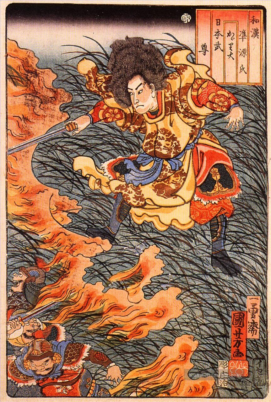 Yamamoto takeru no mikoto zwischen brennendem Gras Utagawa Kuniyoshi Ukiyo e Ölgemälde